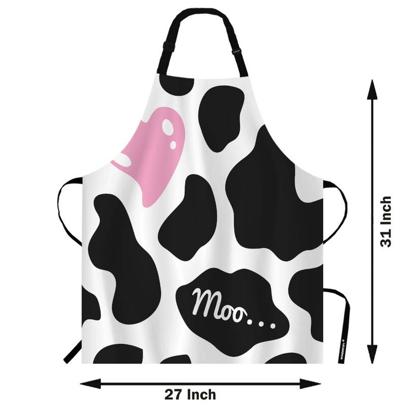 WONDERTIFY Heart Apron,Pink Heart on The Black and White Cow Skin Pattern Background Bib Apron with Adjustable Neck for Men Women,Suitable for Home Kitchen Cooking Waitress Chef Grill Bistro Apron - Image 3